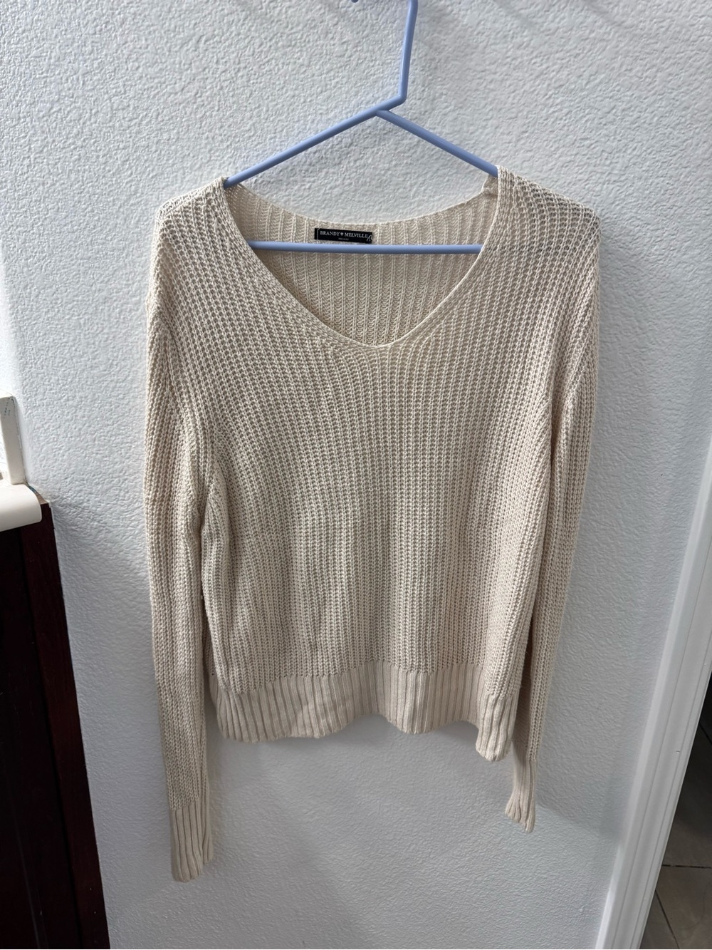 Brandy Melville Cream V-Neck Waffle Knit Sweater